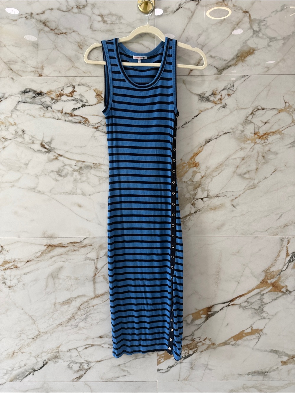 Sundry Blue and Navy Striped Sleeveless Maxi Dress with Side Snap Detail